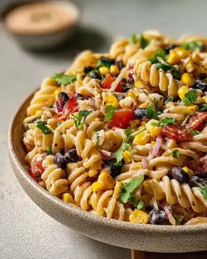 Colorful Southwest Pasta Salad with black beans, corn, and cherry tomatoes