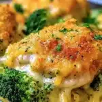 Spaghetti with broccoli and baked chicken thighs served on a plate