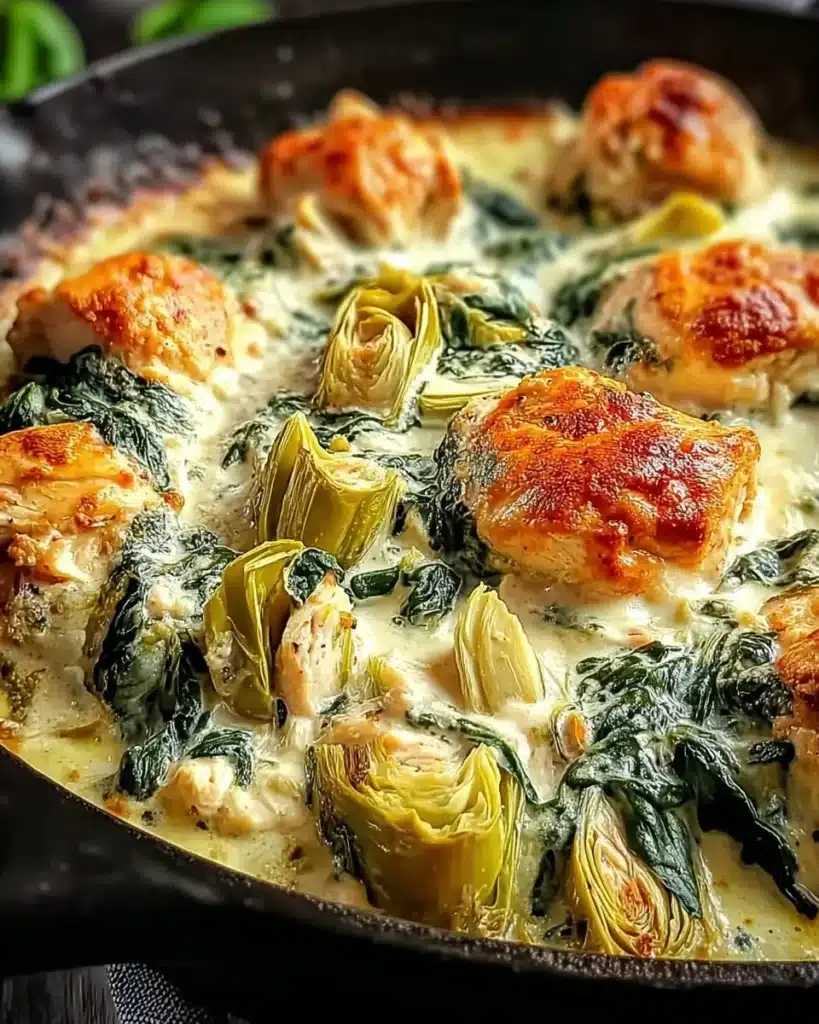 Delicious Spinach Artichoke Chicken Bake prepared with fresh ingredients