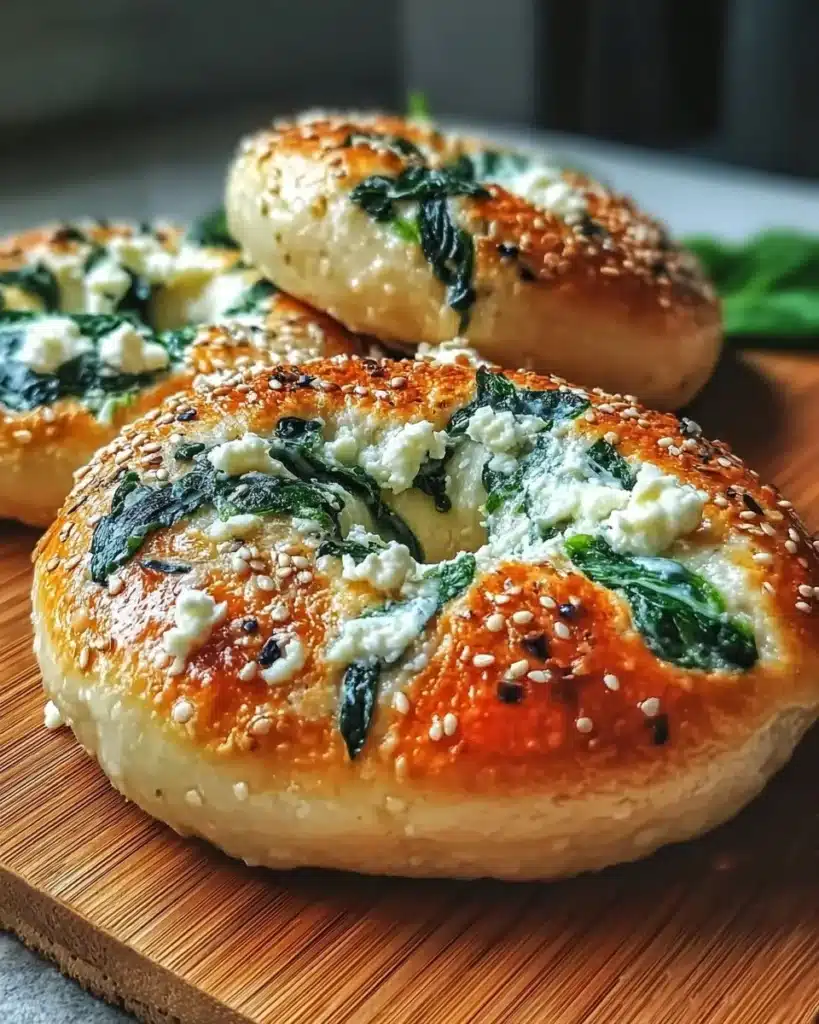 Spinach Cottage Cheese Flat Bagels served on a plate