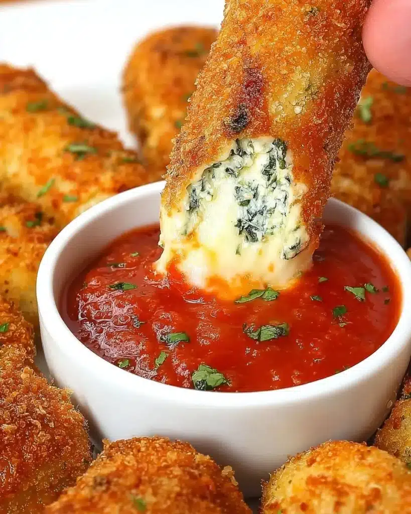Delicious Spinach Dip Mozzarella Sticks served as a tasty appetizer