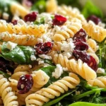 Delicious Spinach Pasta Salad with Feta and Cranberries served in a bowl