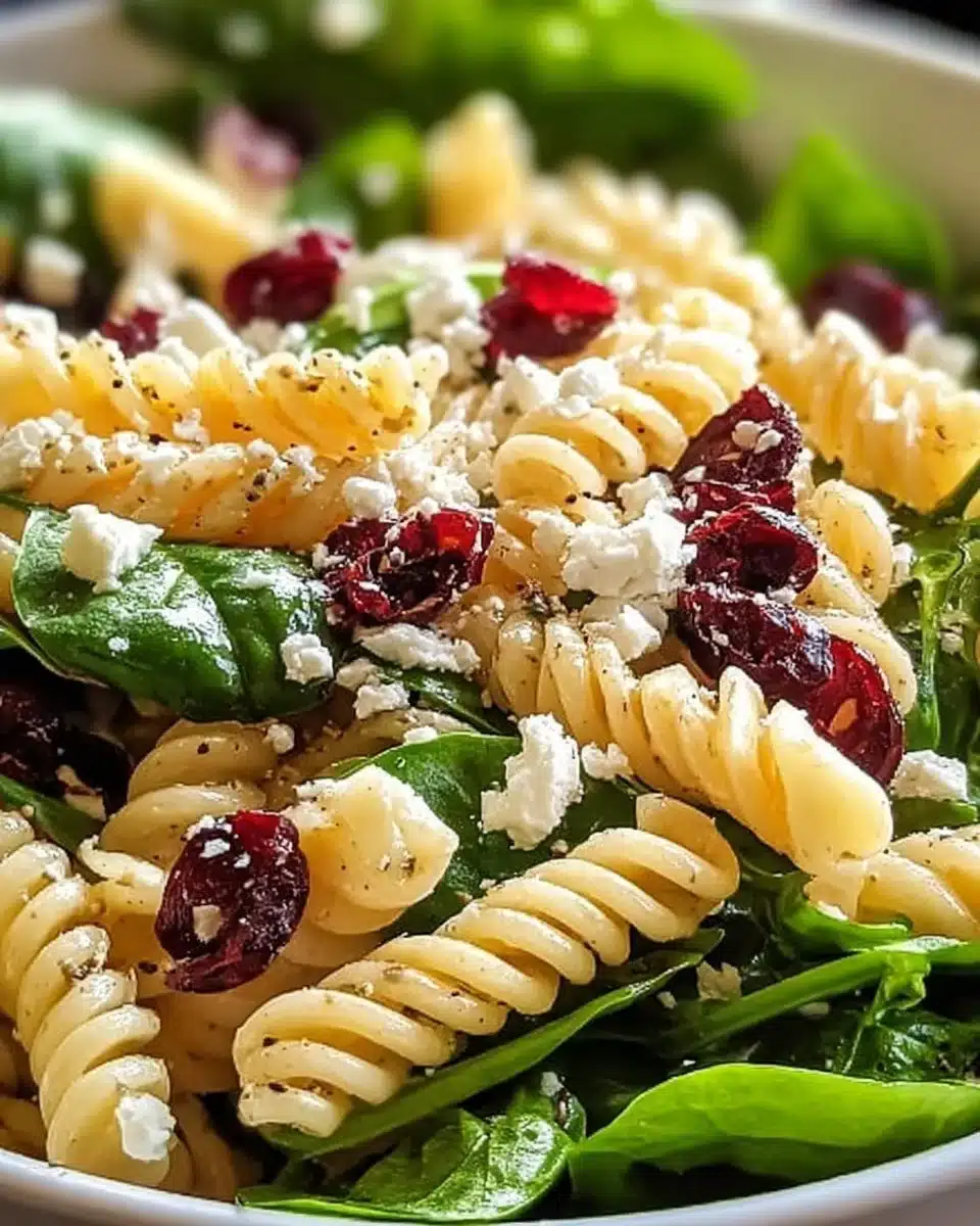 Delicious Spinach Pasta Salad with Feta and Cranberries served in a bowl