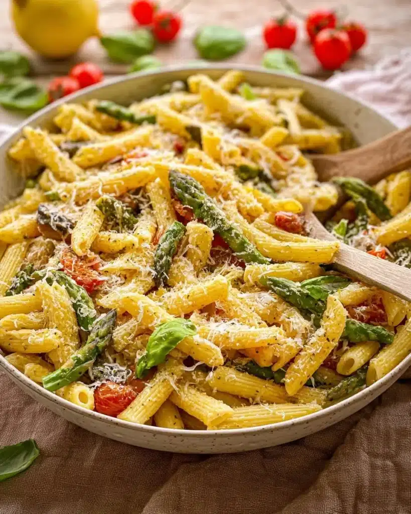 Delicious spring pasta dish with fresh vegetables and herbs