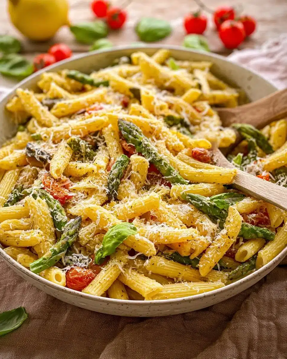 Delicious spring pasta dish with fresh vegetables and herbs