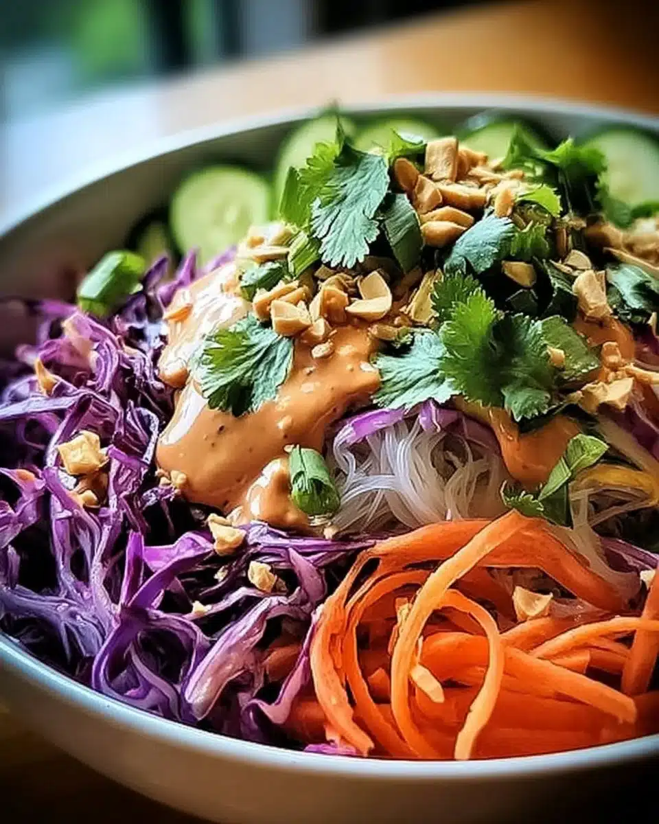 A colorful Spring Roll Salad with fresh veggies and herbs in a bowl