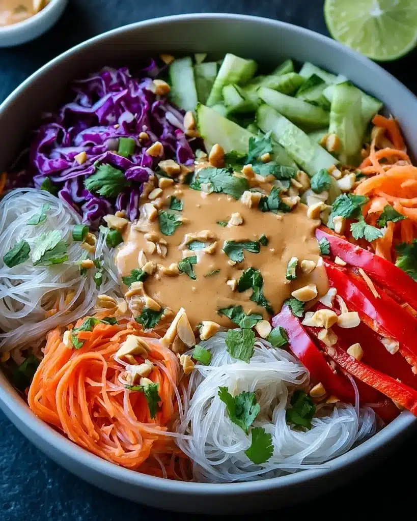 Fresh Spring Roll Salad with Peanut Dressing garnished with vegetables and herbs.
