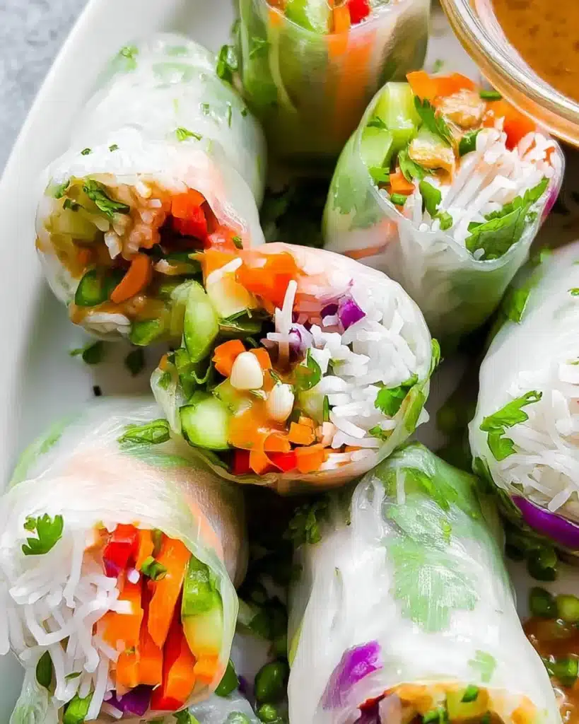 Freshly made spring rolls served with peanut sauce for dipping.