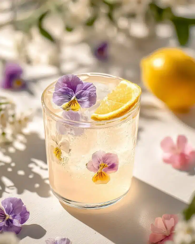 A colorful Springtime Spritzer in a glass, garnished with fresh fruit.