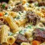 Steak & Blue Cheese Rigatoni Bake topped with herbs and cheese