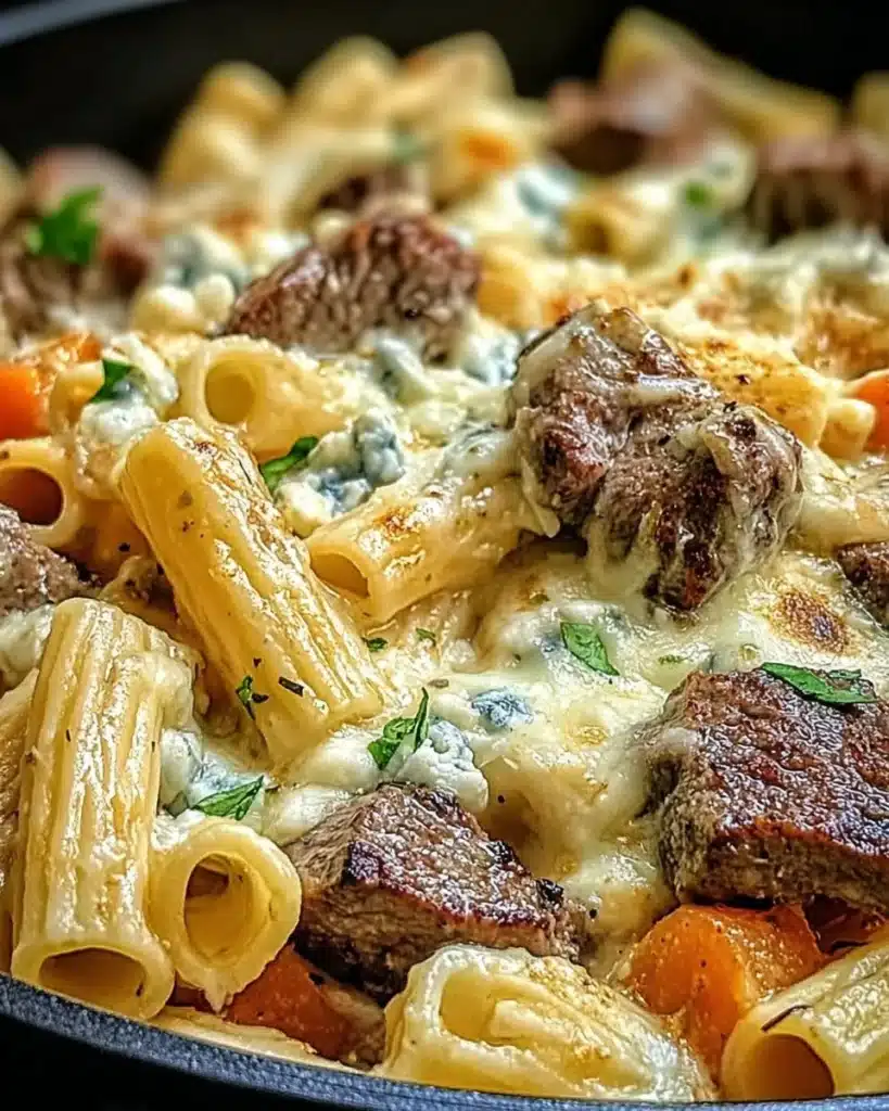 Steak & Blue Cheese Rigatoni Bake topped with herbs and cheese