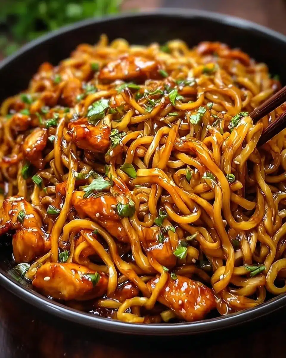 Delicious sticky garlic chicken noodles served in a bowl.