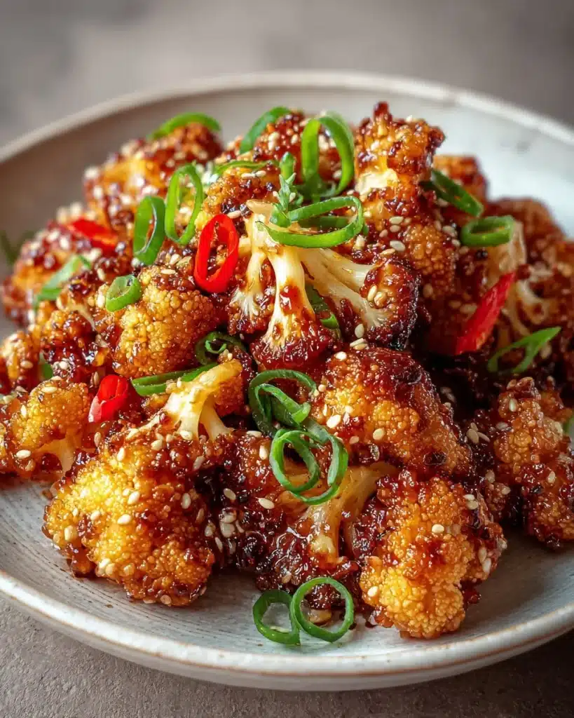 Plate of sticky honey garlic cauliflower with green garnish