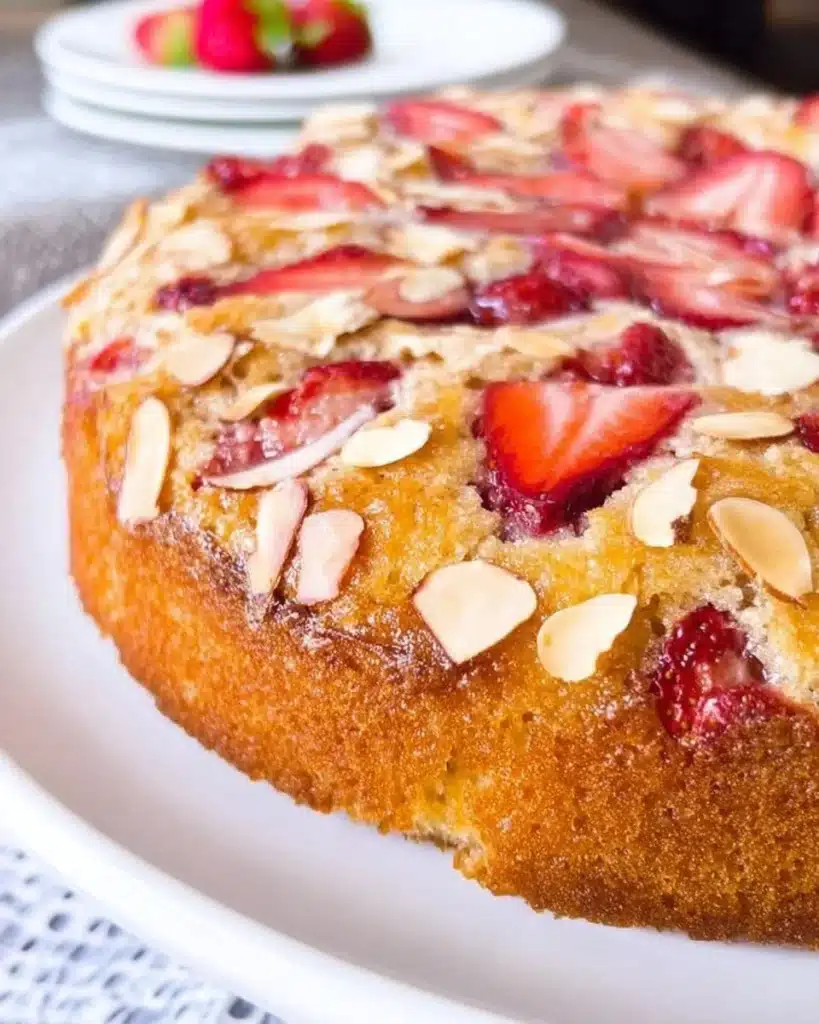 Slice of strawberry almond tea cake topped with fresh strawberries and almonds