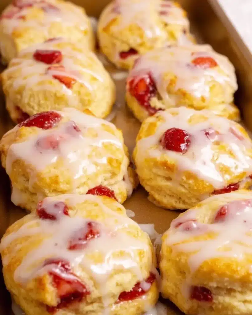 Freshly baked strawberry biscuits with strawberries on a wooden table