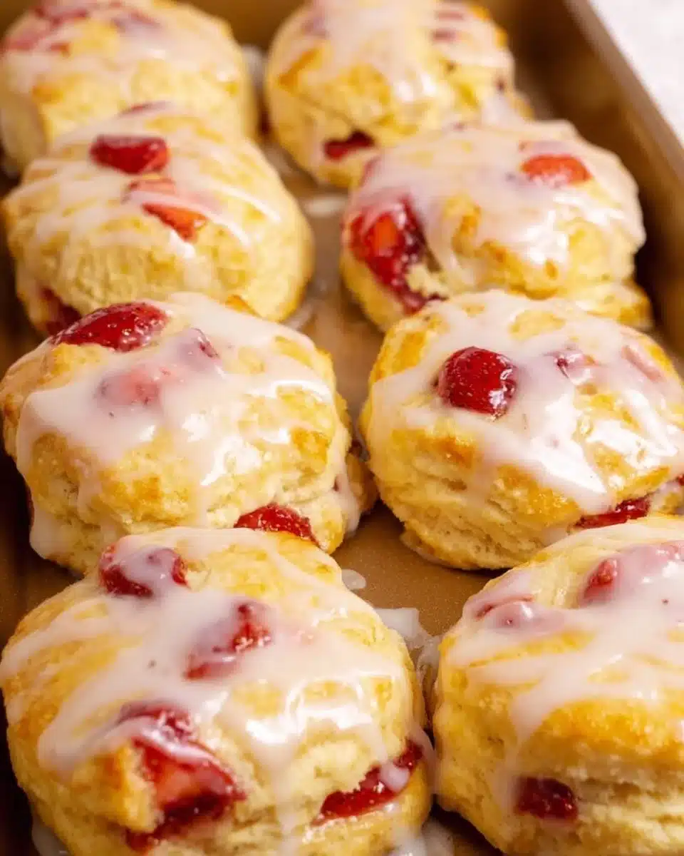 Freshly baked strawberry biscuits with strawberries on a wooden table