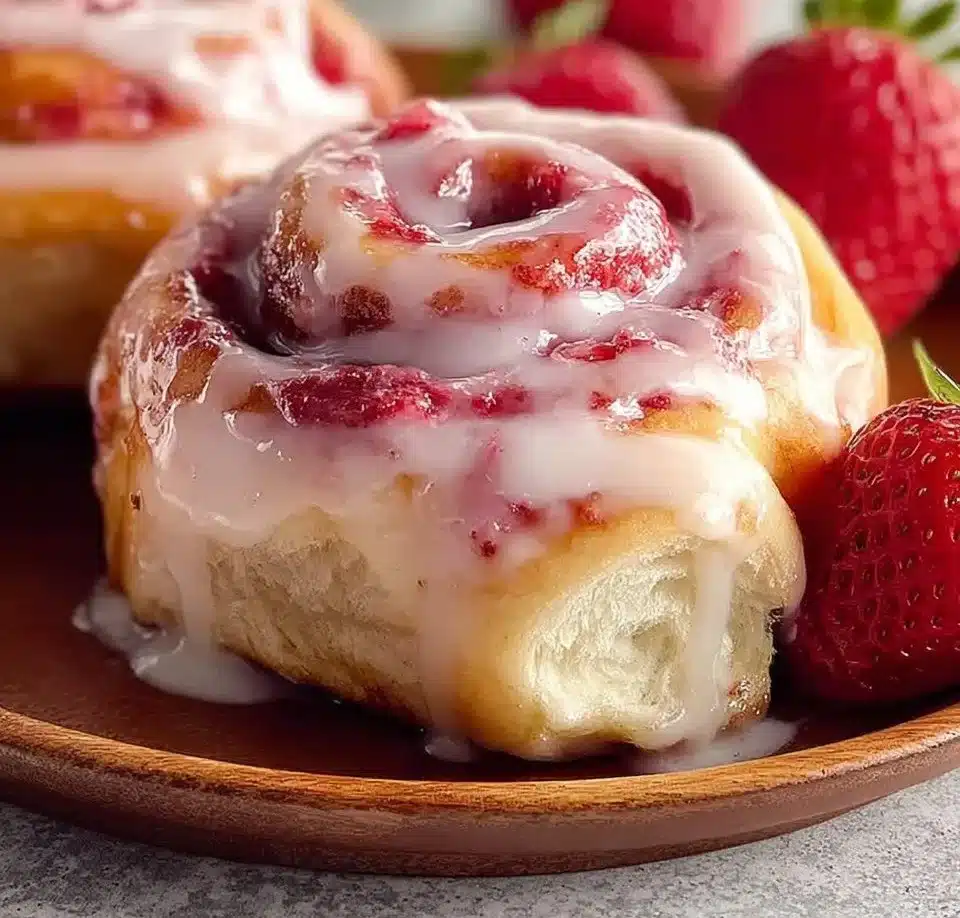 Freshly baked strawberry cinnamon rolls drizzled with icing