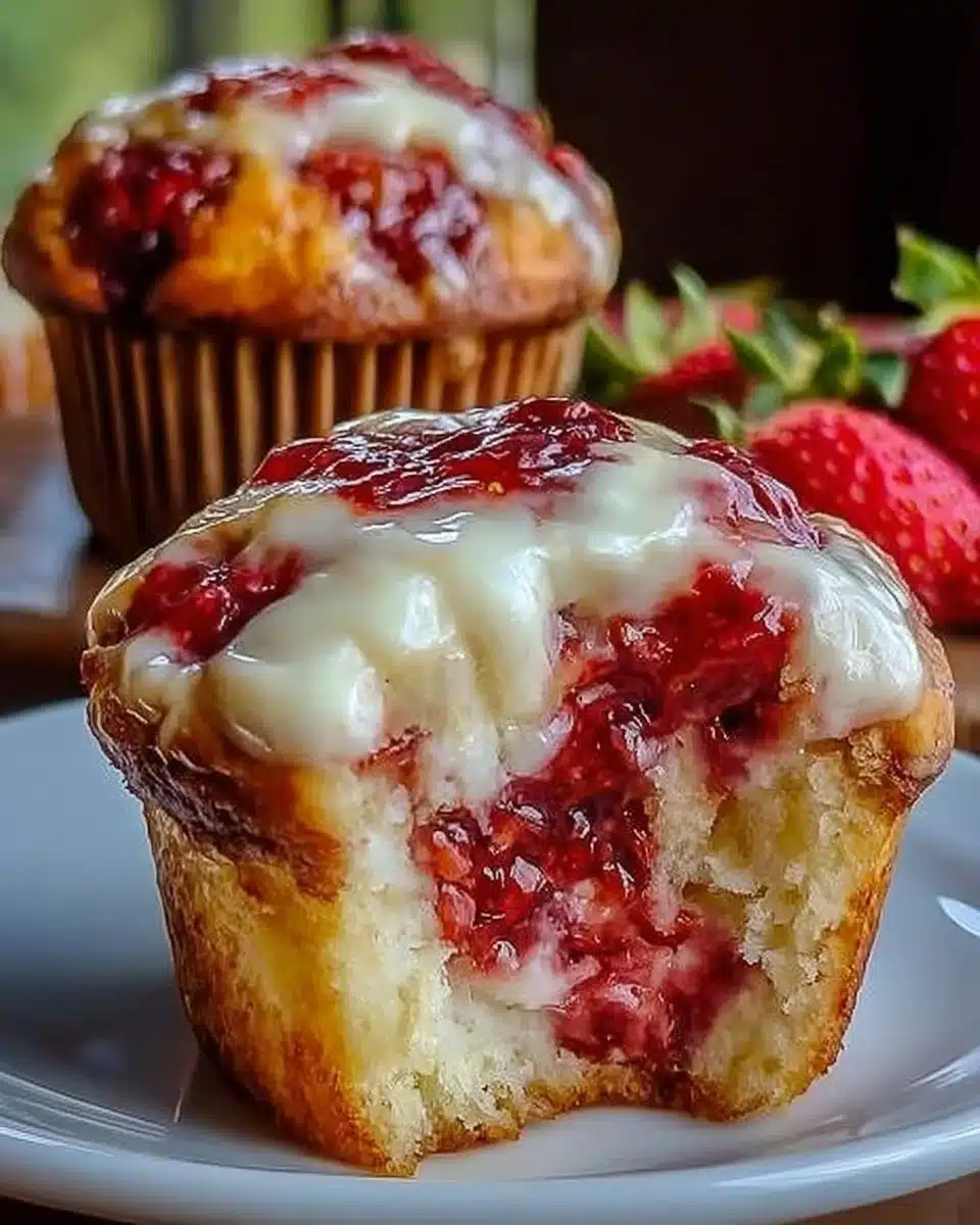 Delicious strawberry cream cheese breakfast muffins served on a white plate.