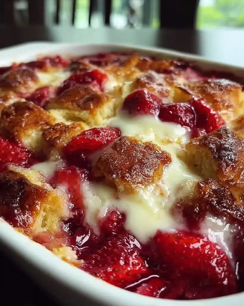 Delicious Strawberry Cream Cheese Cobbler slice topped with fresh strawberries