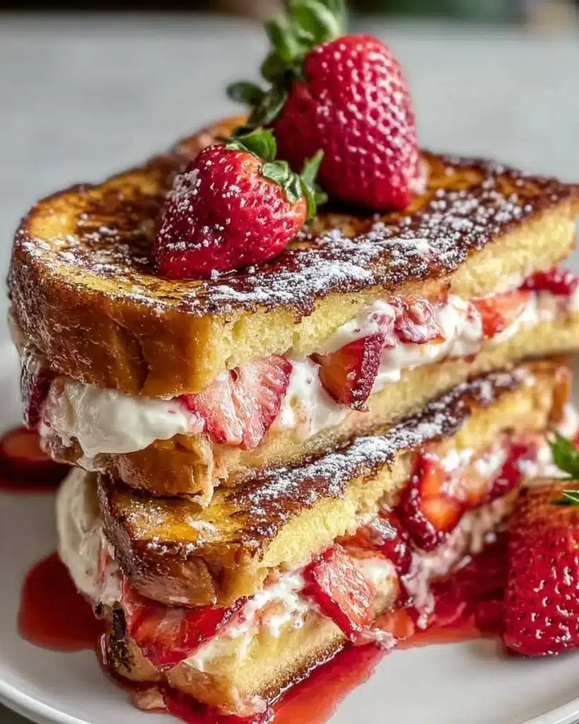 Delicious strawberry cream cheese stuffed french toast on a plate.