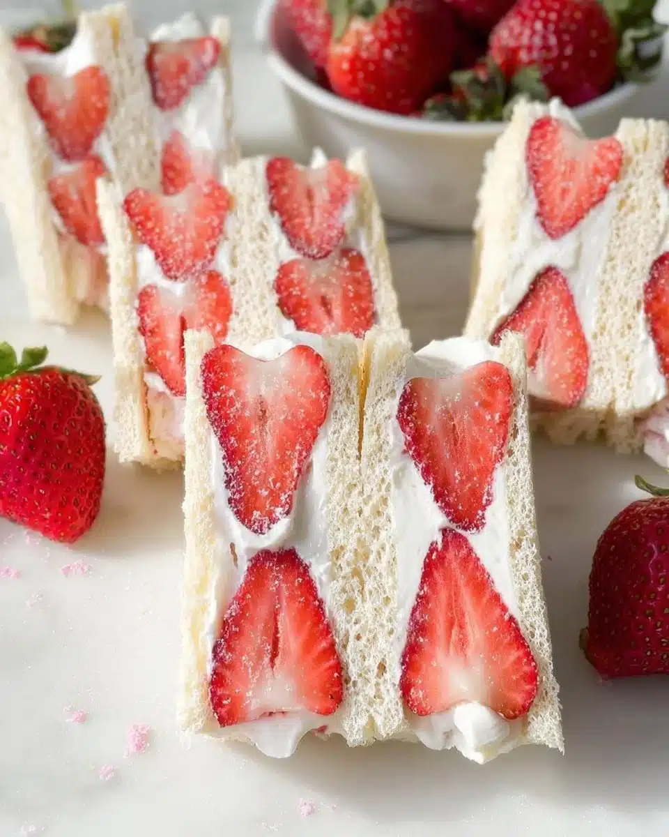 Delicious strawberry cream sandwiches stacked on a plate