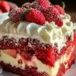 Slice of Strawberry Earthquake Cake with fresh strawberries and cream.