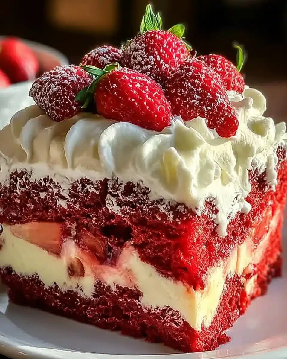 Slice of Strawberry Earthquake Cake with fresh strawberries and cream.