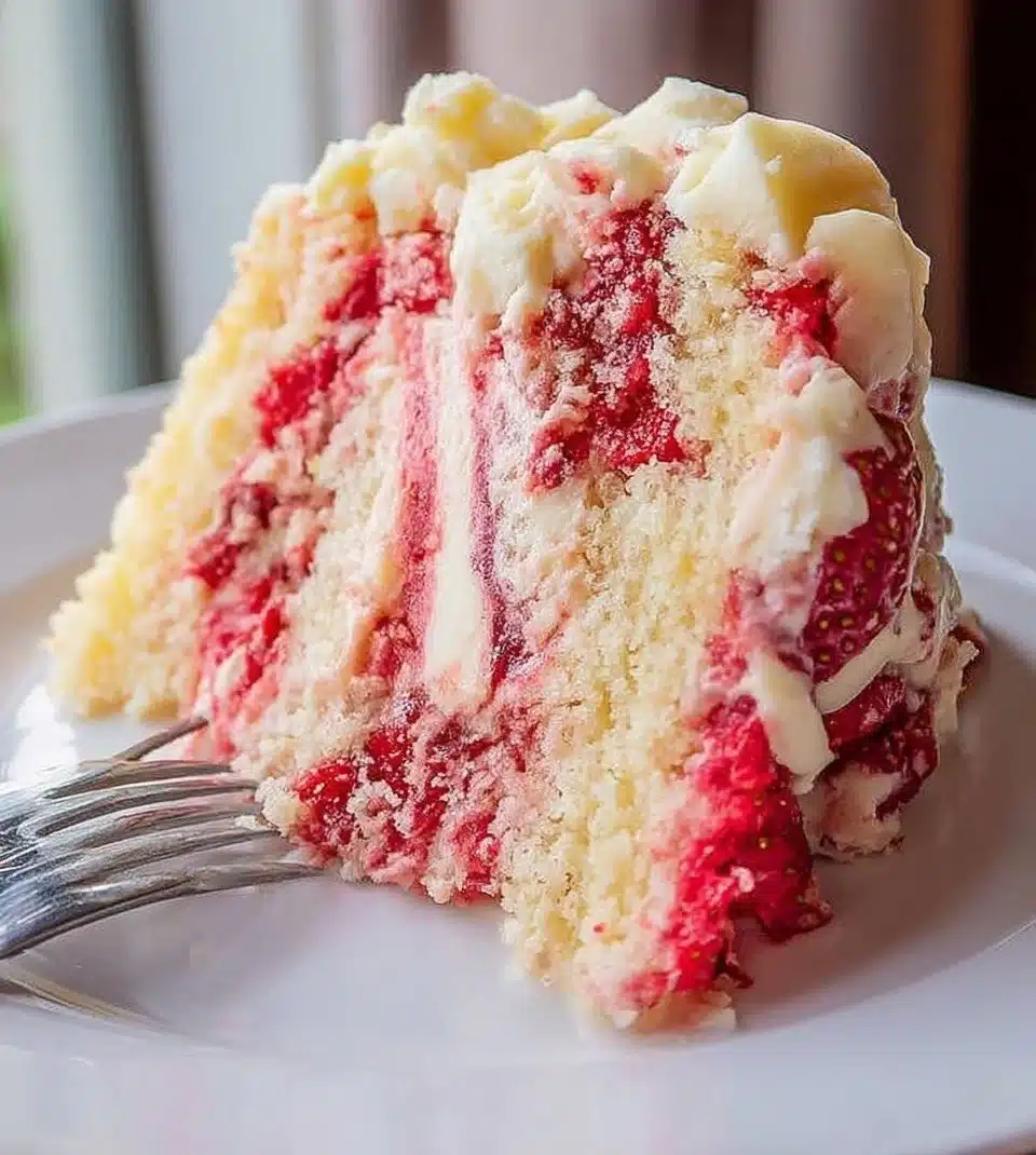 Delicious Strawberry Earthquake Cake topped with fresh strawberries