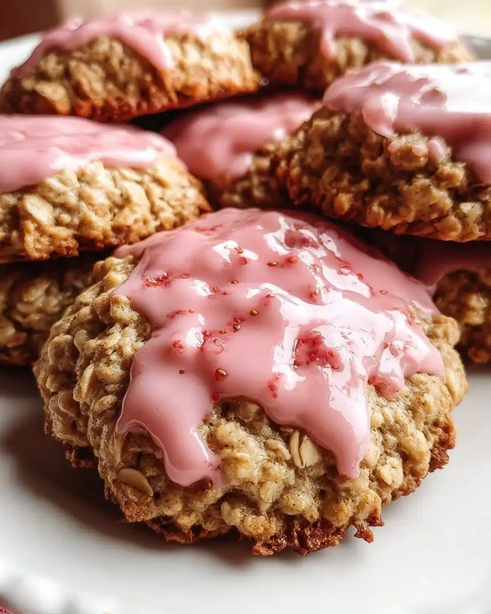 Delicious strawberry iced oatmeal cookies on a plate.