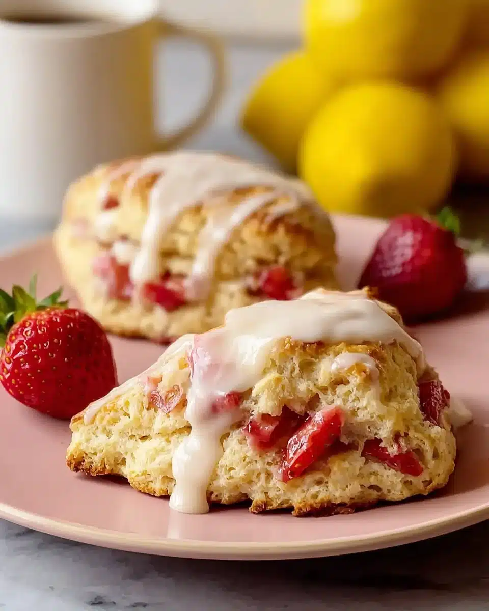 Freshly baked Strawberry Lemon Cream Scones on a bakery plate