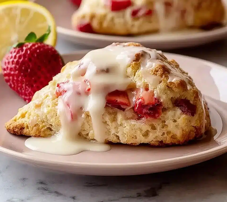 Freshly baked Strawberry Lemon Cream Scones on a plate