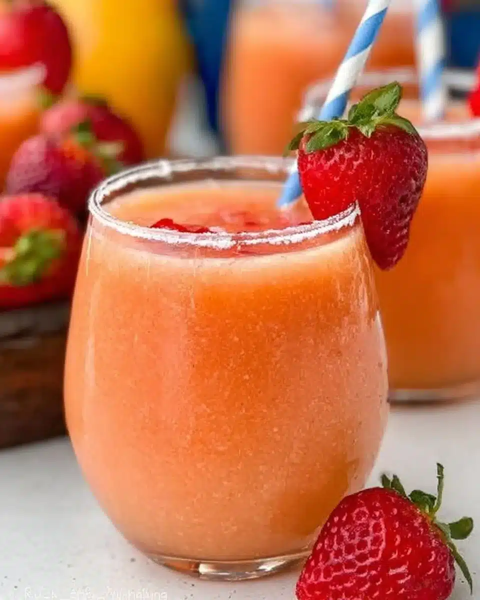 Strawberry Mango Margarita cocktail served in a glass with fresh fruit garnish.