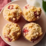 Freshly baked strawberry muffins topped with crumble topping
