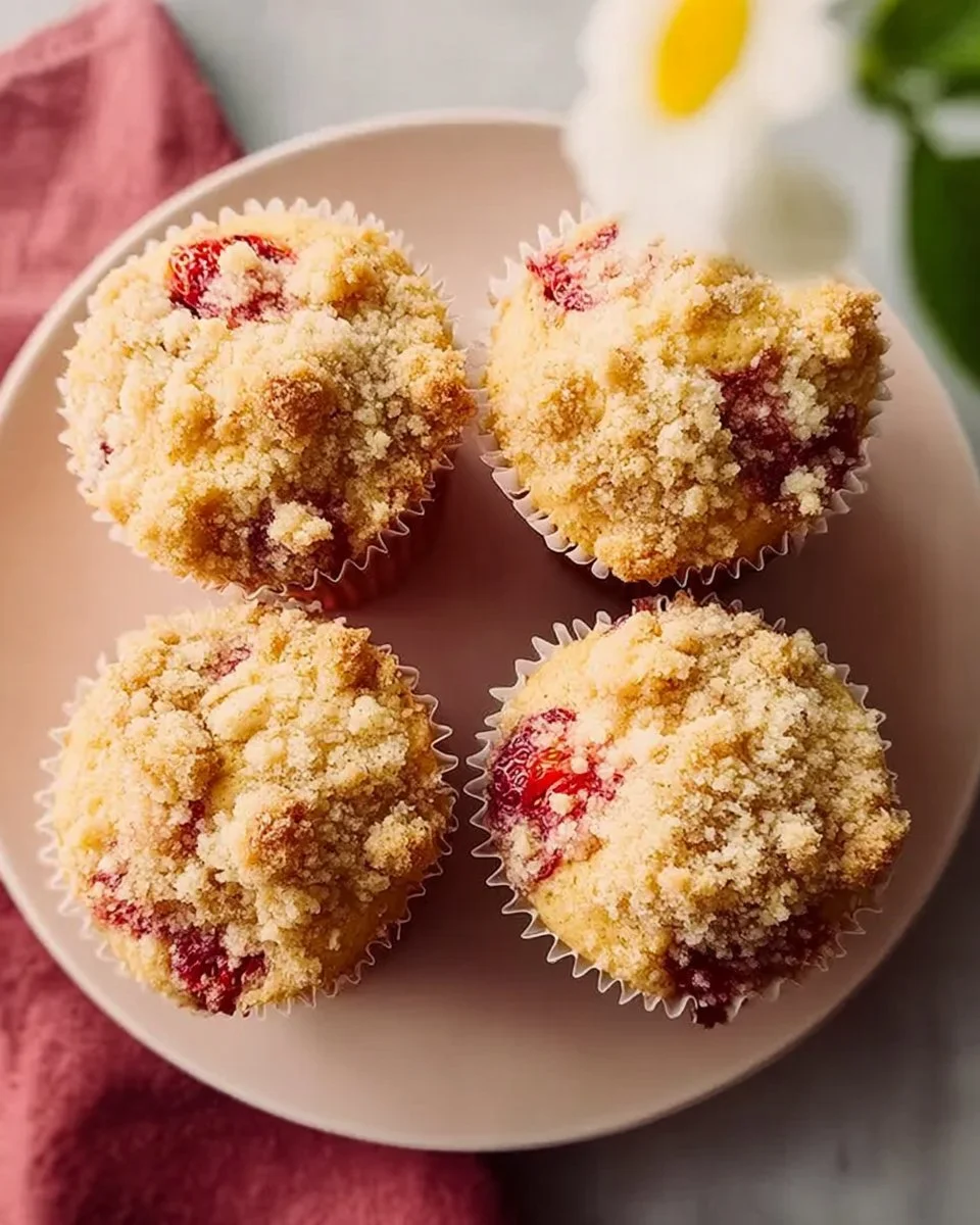 Freshly baked strawberry muffins topped with crumble topping