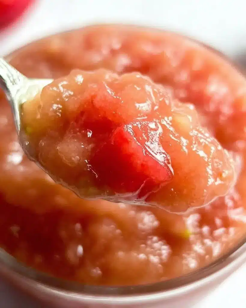 Homemade strawberry rhubarb applesauce in a glass jar with fresh fruits