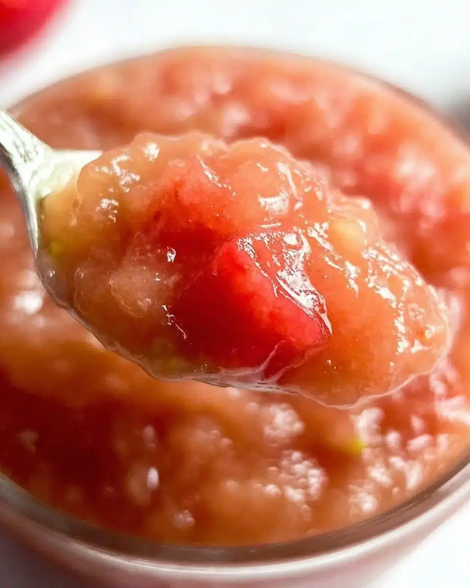 Homemade strawberry rhubarb applesauce in a glass jar with fresh fruits