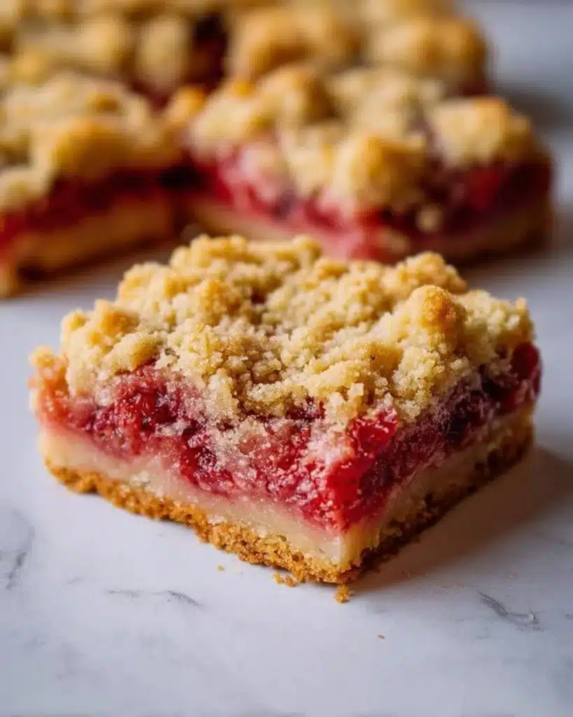 Deliciously baked Strawberry Rhubarb Crumb Bars with crumb topping