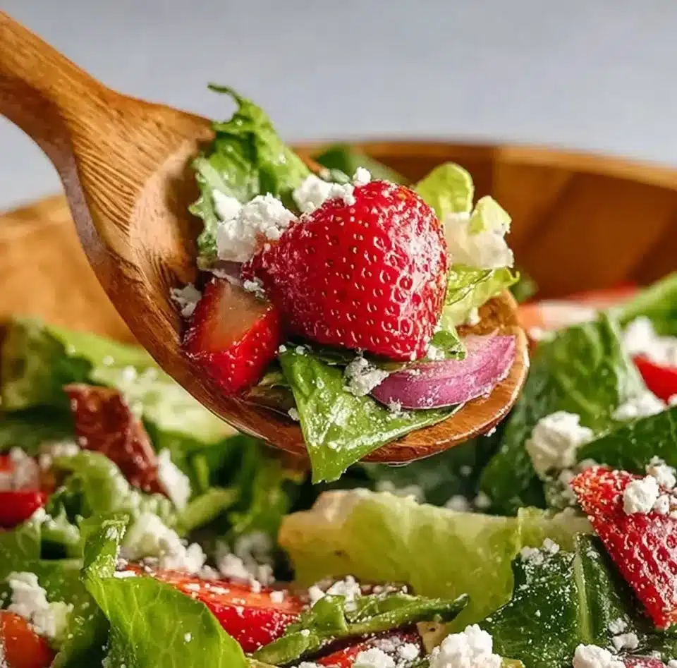 Delicious Strawberry Romaine Feta Salad with fresh strawberries and feta cheese