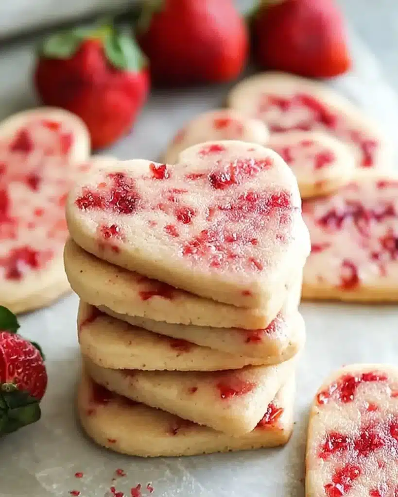Freshly baked strawberry shortbread cookies on a white plate