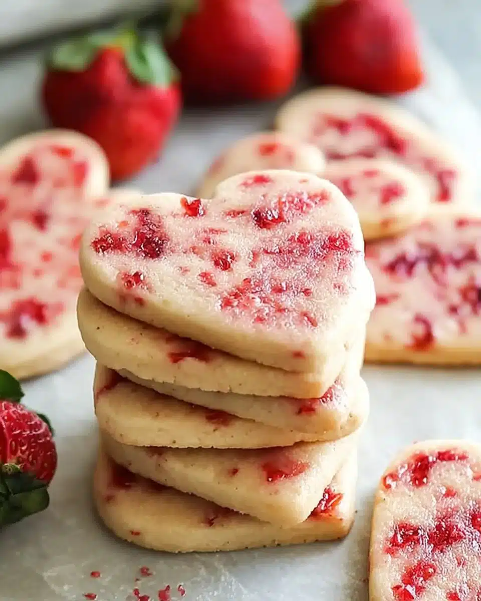 Freshly baked strawberry shortbread cookies on a white plate