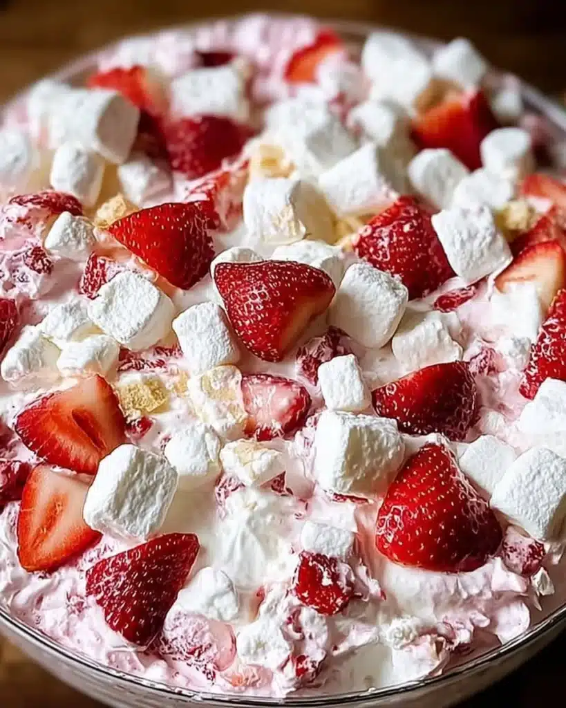 Delicious Strawberry Shortcake Fluff Salad in a bowl with fresh strawberries