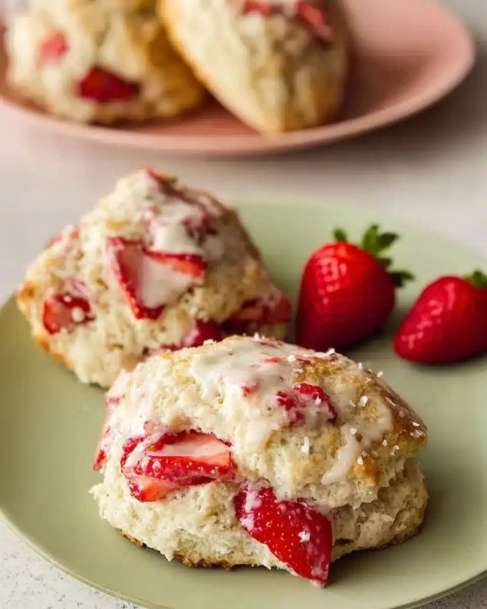 Freshly baked strawberry vanilla bean scones on a plate