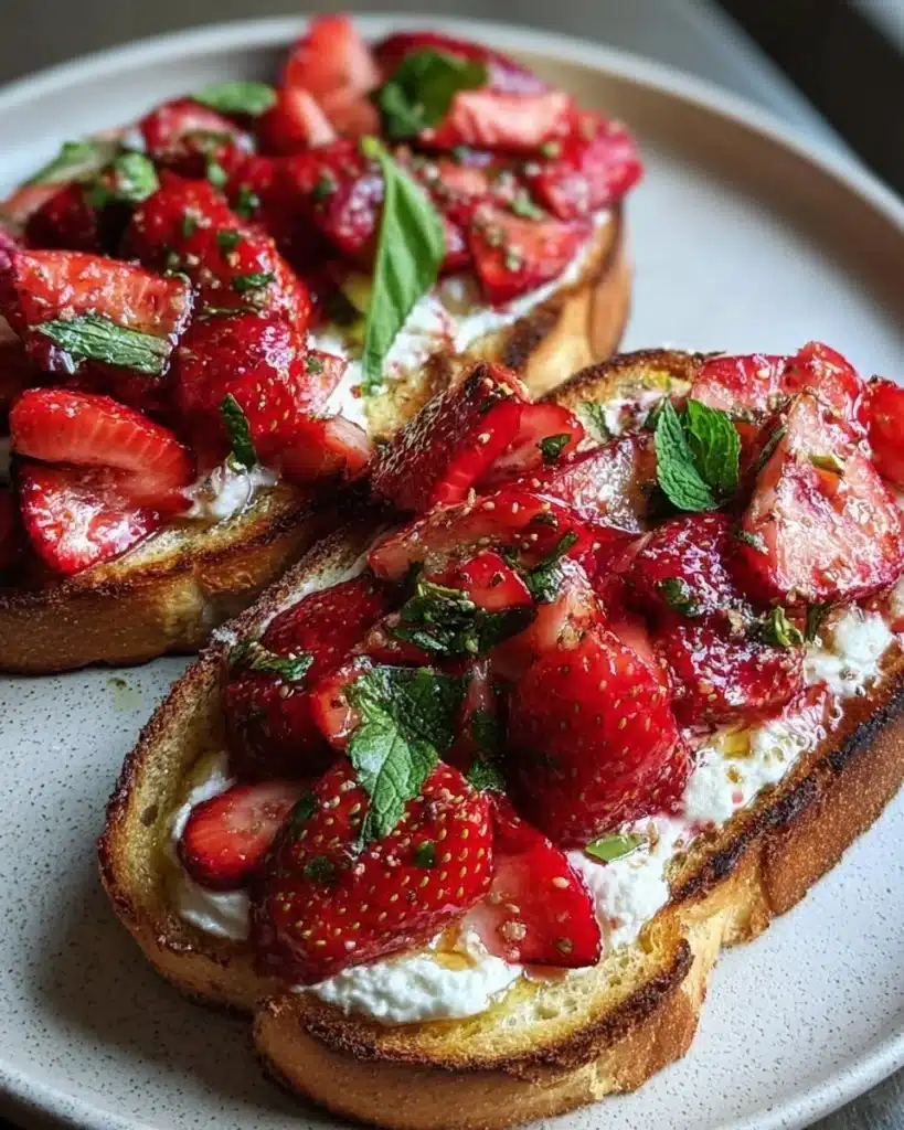 Strawberry whipped ricotta toast topped with fresh strawberries and mint.
