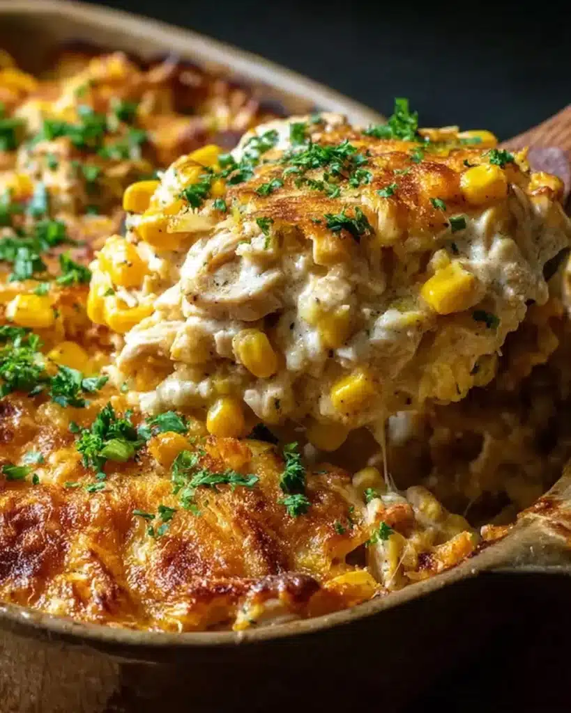 Delicious Street Corn Chicken Casserole topped with cheese and spices