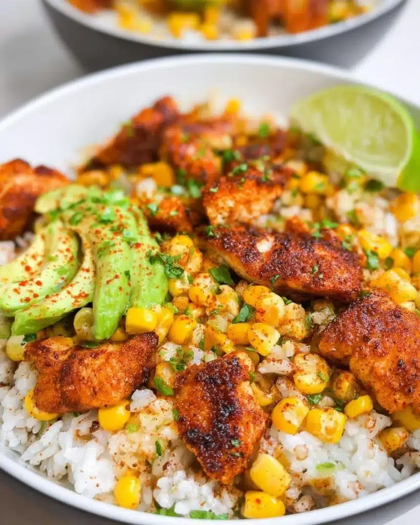 Delicious Street Corn Chicken Rice Bowl with tender chicken and vibrant corn