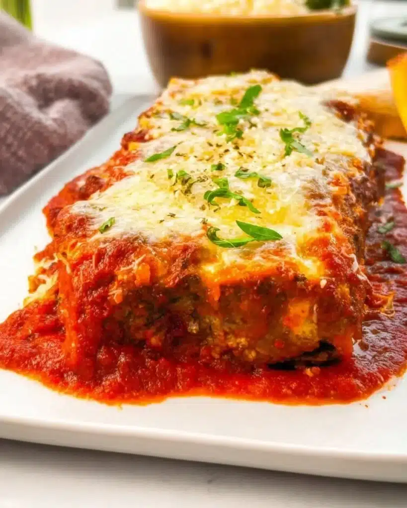 Delicious stuffed Italian meatloaf served with sauce and herbs