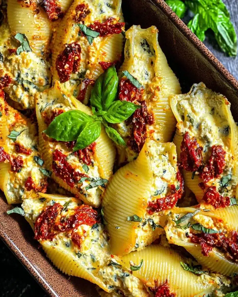Plate of sun-dried tomato and ricotta stuffed shells garnished with fresh herbs