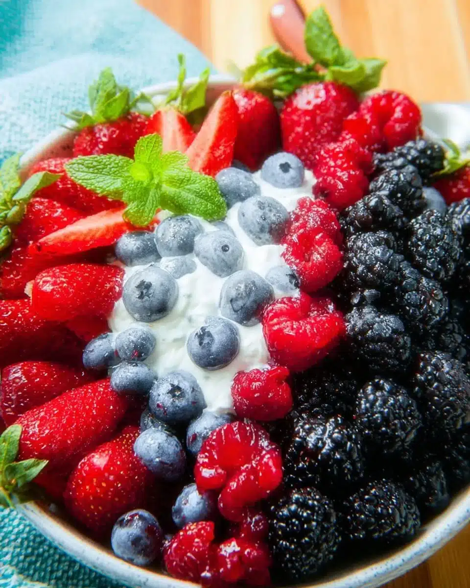Colorful superfood berry salad with fresh berries and greens