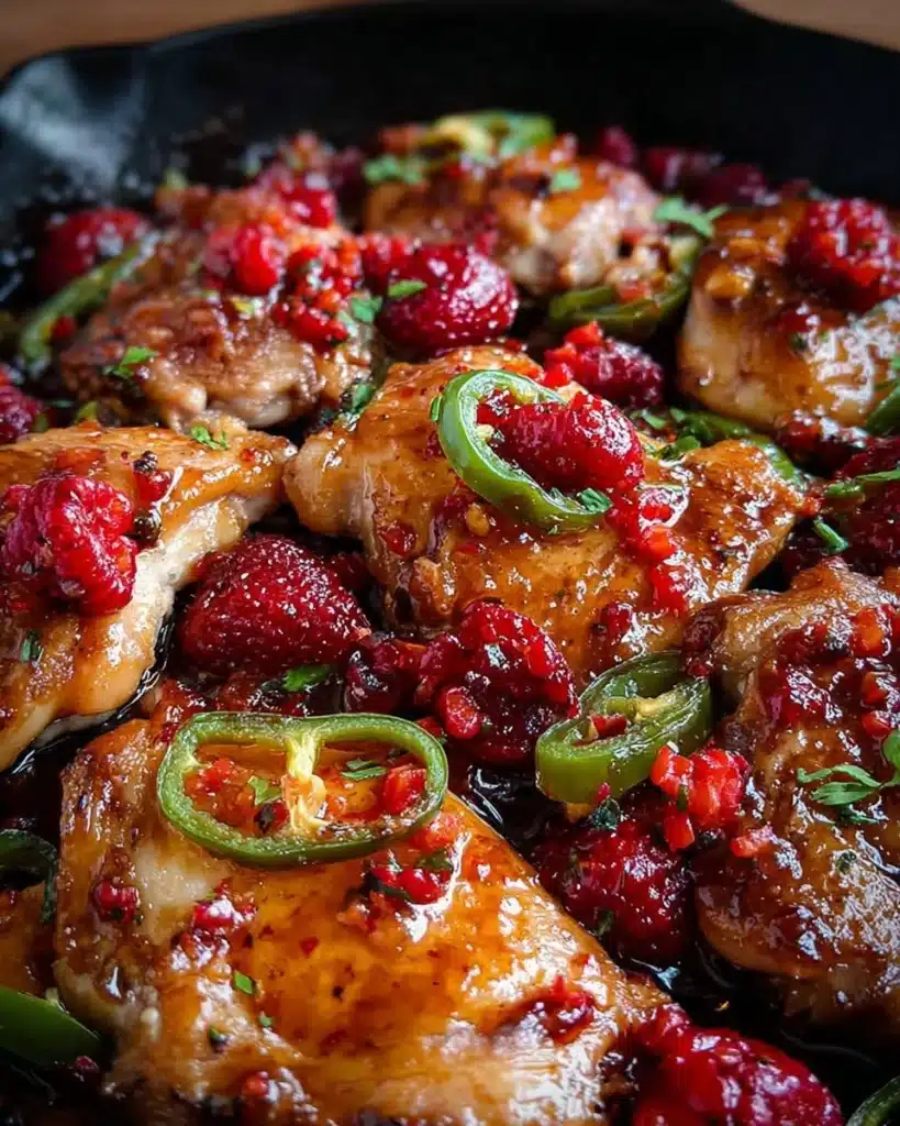 Delicious sweet and spicy jalapeño raspberry chicken served on a plate