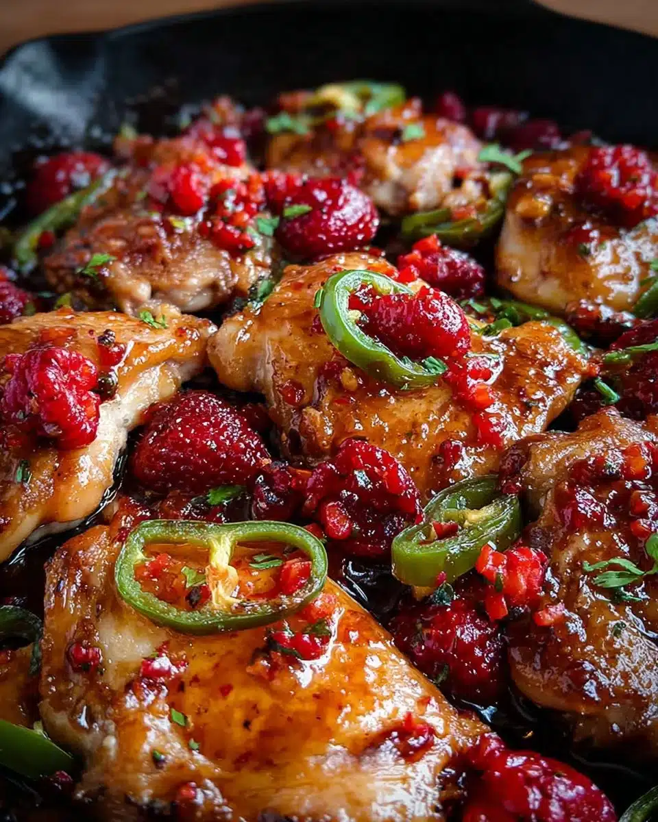 Delicious sweet and spicy jalapeño raspberry chicken served on a plate